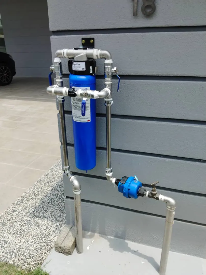 Outdoor whole-house water filtration system used in a residential setting